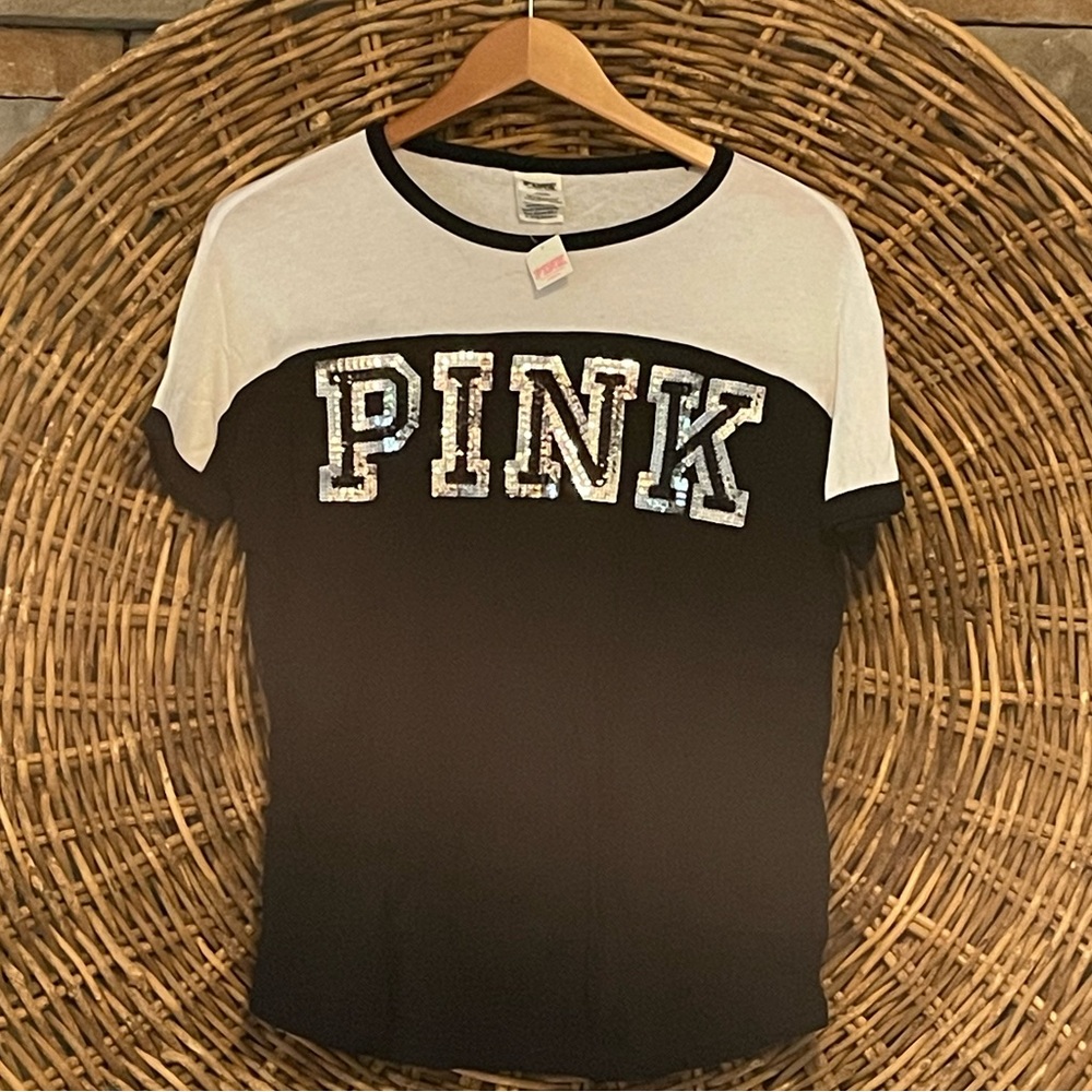 PINK white and black sequin top
